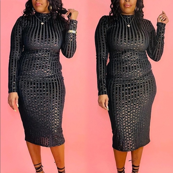 NEW TRENDY LONG SLEEVE STRIPED BURN OUT SEMI ZIP UP MAXI DRESS - Picture 4 of 6